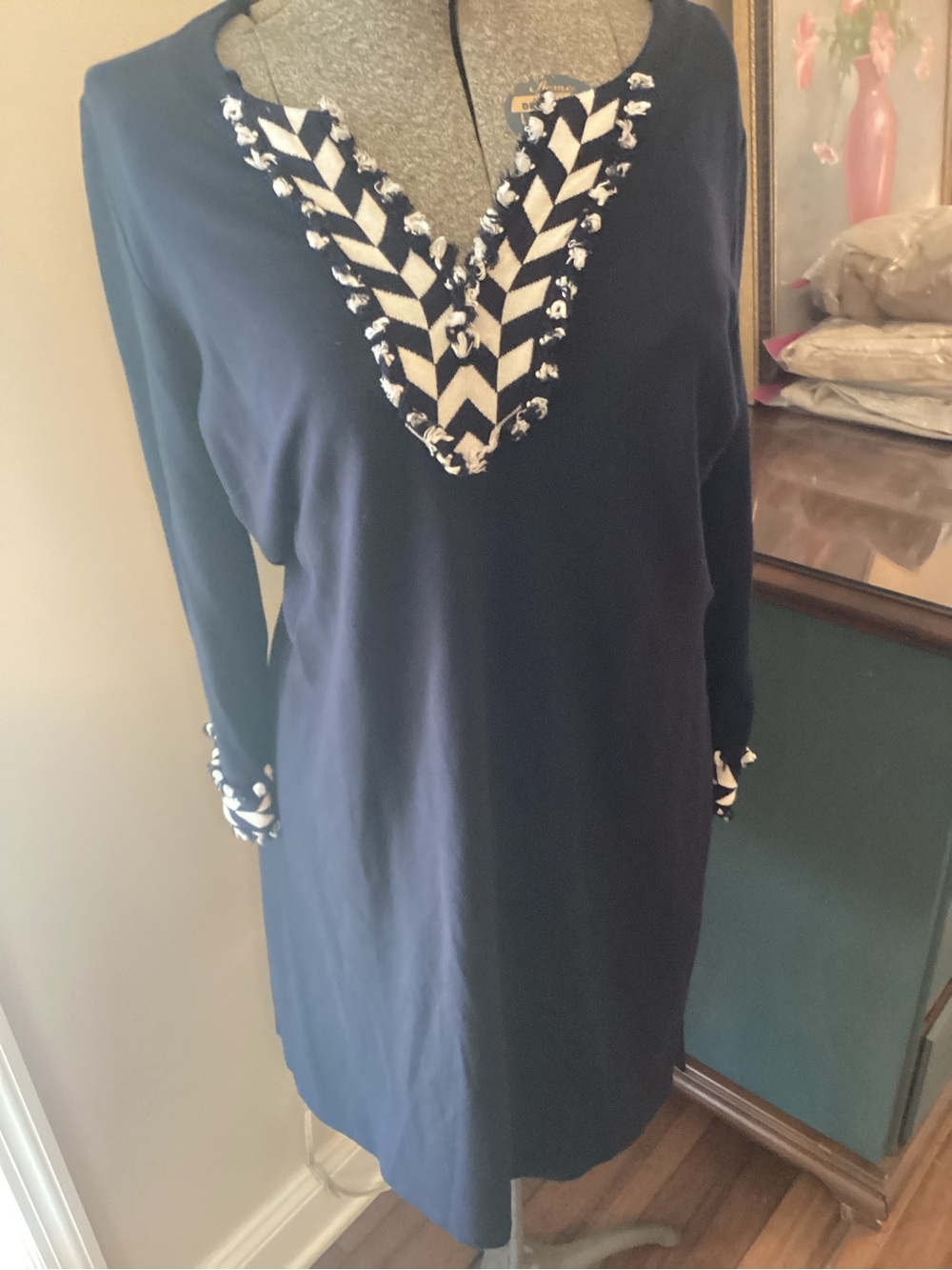 crown & ivy Navy Long-Sleeve Tunic Dress with White Chevron Trim